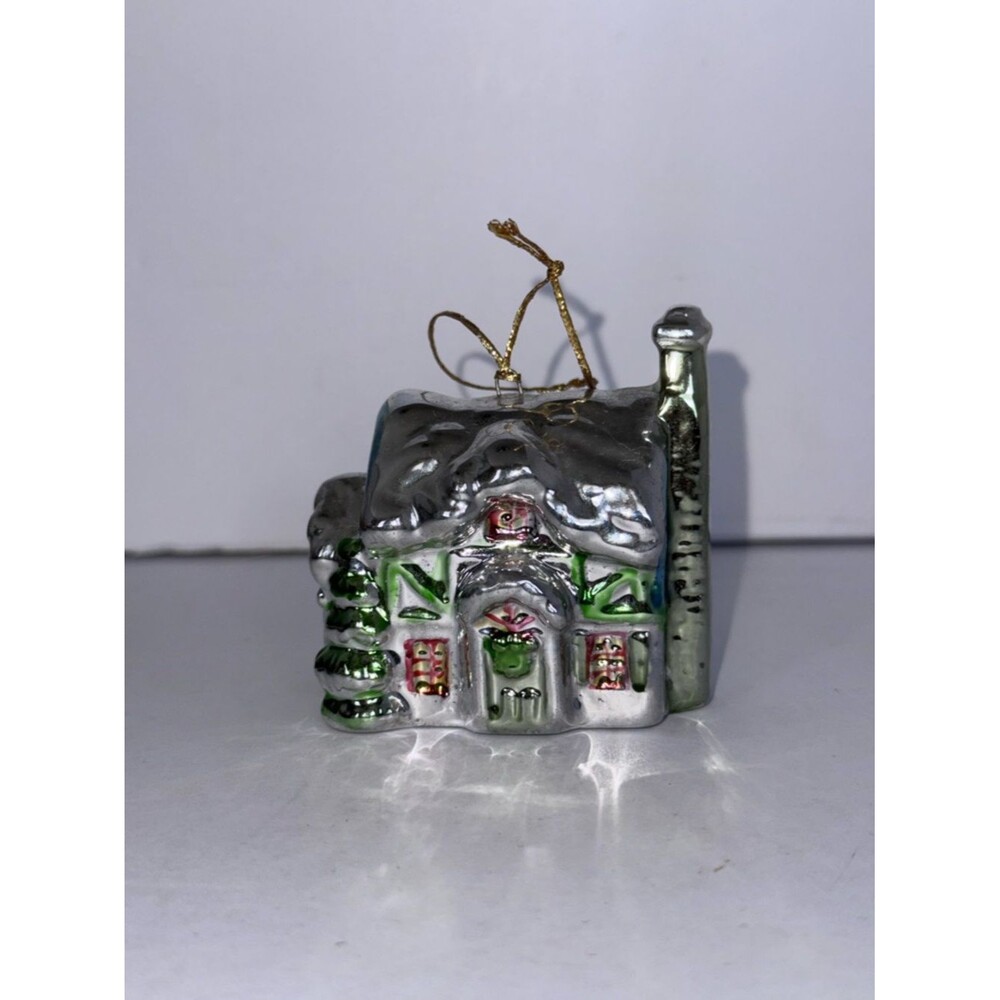 VTG Ceramic Christmas Village House Ornament - Silver Metallic Glaze Cottage